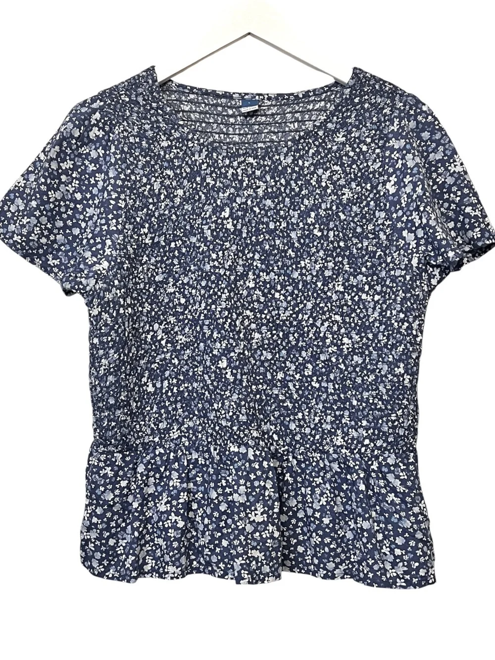 Old Navy Flutter-Sleeve Smocked Peplum Blouse, Light Blue Floral Print, Sz Large